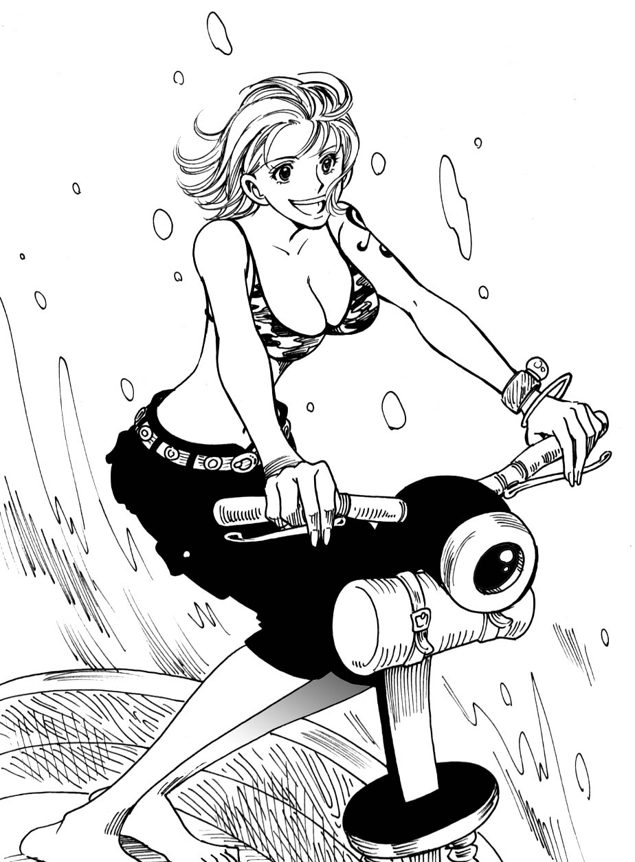 chabudai (chabu), nami (one piece), nami (one piece) (skypiea), one piece, highres, 1girl, bangle, barefoot, belt, bikini, bikini top only, bracelet, breasts, capri pants, cleavage, female focus, greyscale, jewelry, large breasts, log pose, looking ahead, monochrome, pants, short hair, skypiea, smile, solo, swimsuit, tattoo, water