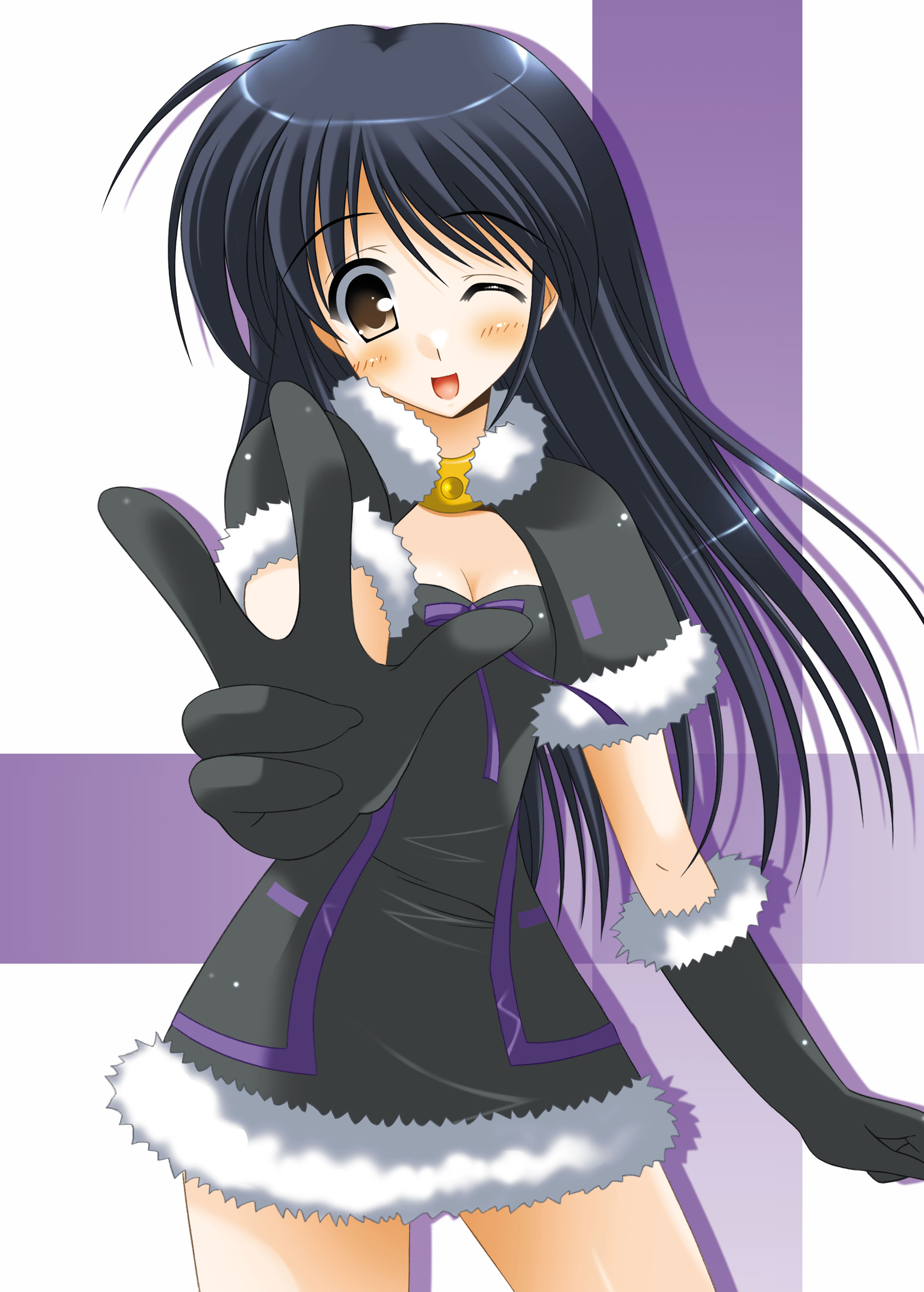 oda ken'ichi, kisaragi chihaya, idolmaster, idolmaster (classic), idolmaster 1, absurdres, highres, 00s, cute & girly (idolmaster), dress, elbow gloves, gloves, long hair, one eye closed, smile, solo, v, wink