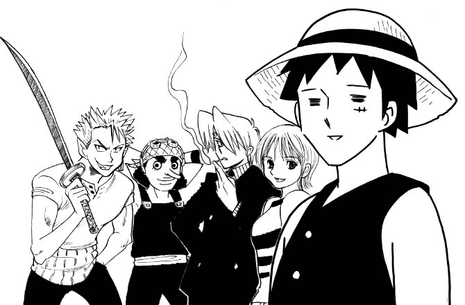 chabudai (chabu), hiruma youichi, jonouchi katsuya, monkey d. luffy, nami (one piece), nami (one piece) (east blue), rock lee, roronoa zoro, sanji (one piece), usopp, eyeshield 21, naruto (classic), naruto (series), one piece, pyuu to fuku! jaguar, shounen jump, yu-gi-oh!, yu-gi-oh! duel monsters, 1girl, 4boys, black hair, cigarette, company connection, cosplay, crossover, formal clothes, greyscale, hair over one eye, hat, holding, holding sword, holding weapon, looking at viewer, monochrome, multiple boys, parody, roronoa zoro (cosplay), sanji (one piece) (cosplay), scar, short hair, simple background, smile, smoke, smoking, spiked hair, standing, straw hat, style parody, sword, upper body, usopp (cosplay), weapon, white background