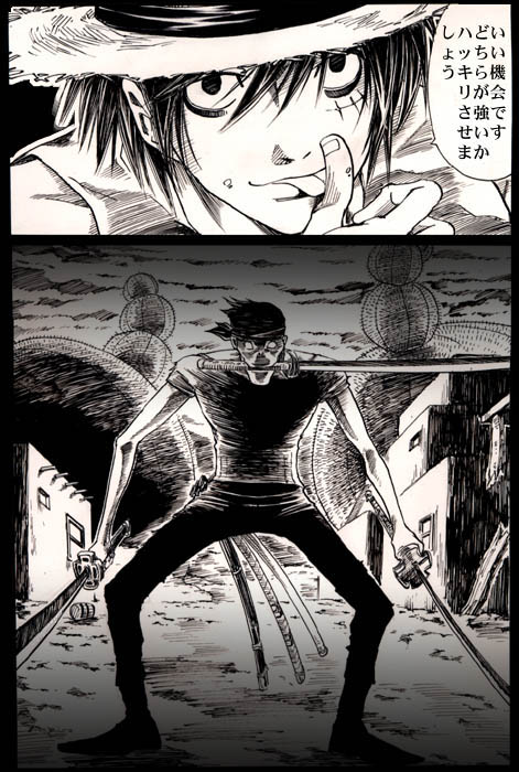 chabudai (chabu), l (death note), monkey d. luffy, roronoa zoro, ryuk, death note, one piece, translated, 2boys, bandana, greyscale, male focus, monochrome, mouth hold, multiple boys, parody, scar, sword, triple wielding, weapon
