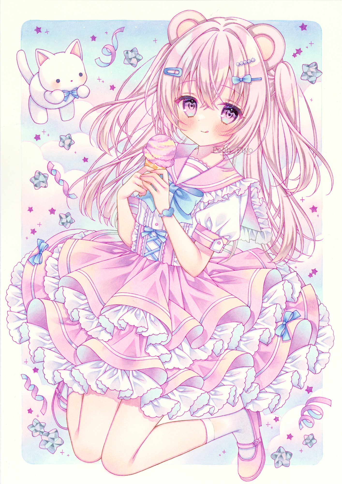 puu (kari—ume), original, commentary, highres, marker (medium), symbol-only commentary, traditional media, 1girl, :q, animal ears, bear ears, blue bow, blue bowtie, blue eyes, blue sky, blush, border, bow, bowtie, cat, cloud, confetti, frilled skirt, frills, hair ornament, hairclip, holding, holding ice cream cone, ice cream cone, layered skirt, long hair, looking at viewer, pink eyes, pink hair, pink sailor collar, pink shoes, pink skirt, puffy short sleeves, puffy sleeves, sailor collar, shirt, shoes, short sleeves, skirt, sky, socks, solo, star (symbol), tongue, tongue out, two side up, white shirt, white socks