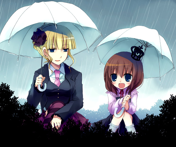 suzushiro kurumi, beatrice (umineko), ushiromiya maria, umineko no naku koro ni, 00s, 2girls, blonde hair, blue eyes, brown hair, multiple girls, necktie, pink necktie, rain, umbrella