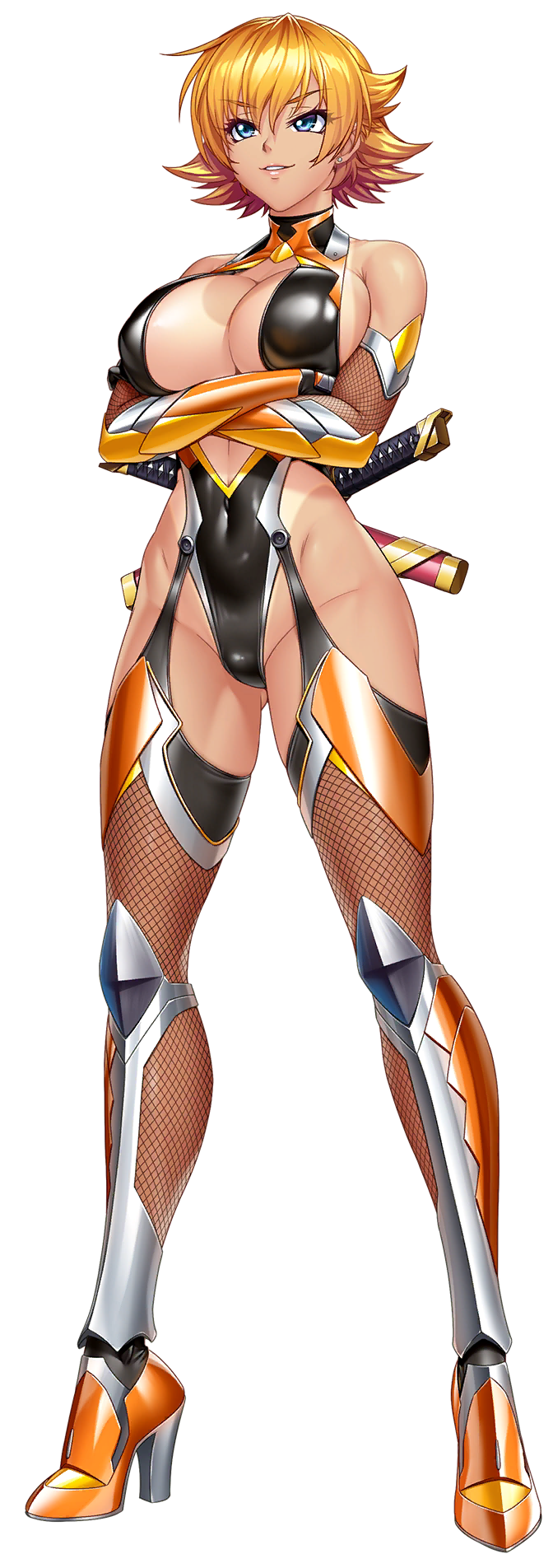 kagami hirotaka, igawa sakura, lilith-soft, taimanin (series), taimanin asagi, taimanin rpgx, highres, official art, 1girl, armored boots, bare shoulders, black gloves, black leotard, blonde hair, blue eyes, blush, boots, breasts, cleavage cutout, clothing cutout, covered navel, crossed arms, curvy, dark-skinned female, dark skin, female focus, full body, gloves, highleg, highleg leotard, impossible clothes, impossible leotard, large breasts, leotard, lips, revealing clothes, shiny skin, short hair, simple background, skin tight, smile, solo, standing, taimanin suit, tan, tanline, thighhighs, thong leotard, transparent background, wide hips