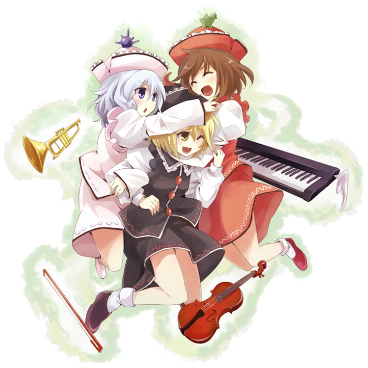 kiji (manekinuko-tei), lunasa prismriver, lyrica prismriver, merlin prismriver, touhou, 3girls, female focus, full body, happy, hug, instrument, multiple girls, pink shoes, shoes, siblings, sisters, trumpet, white background