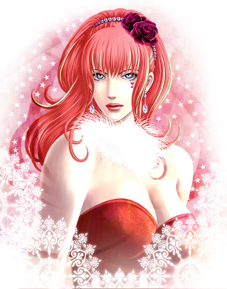 karin koenig, shadow hearts, shadow hearts ii, 1girl, bare shoulders, beads, blue eyes, closed mouth, collarbone, detached collar, dress, earrings, expressionless, female focus, flower, hair beads, hair flower, hair ornament, hairband, jewelry, lips, red dress, red flower, red hair, red rose, rose, solo, strapless, strapless dress, upper body