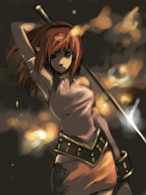motoko (polestar), karin koenig, shadow hearts, shadow hearts ii, lowres, 1girl, arm up, armpits, bare shoulders, belt, brown eyes, brown hair, brown skirt, cowboy shot, female focus, glint, looking at viewer, skirt, solo