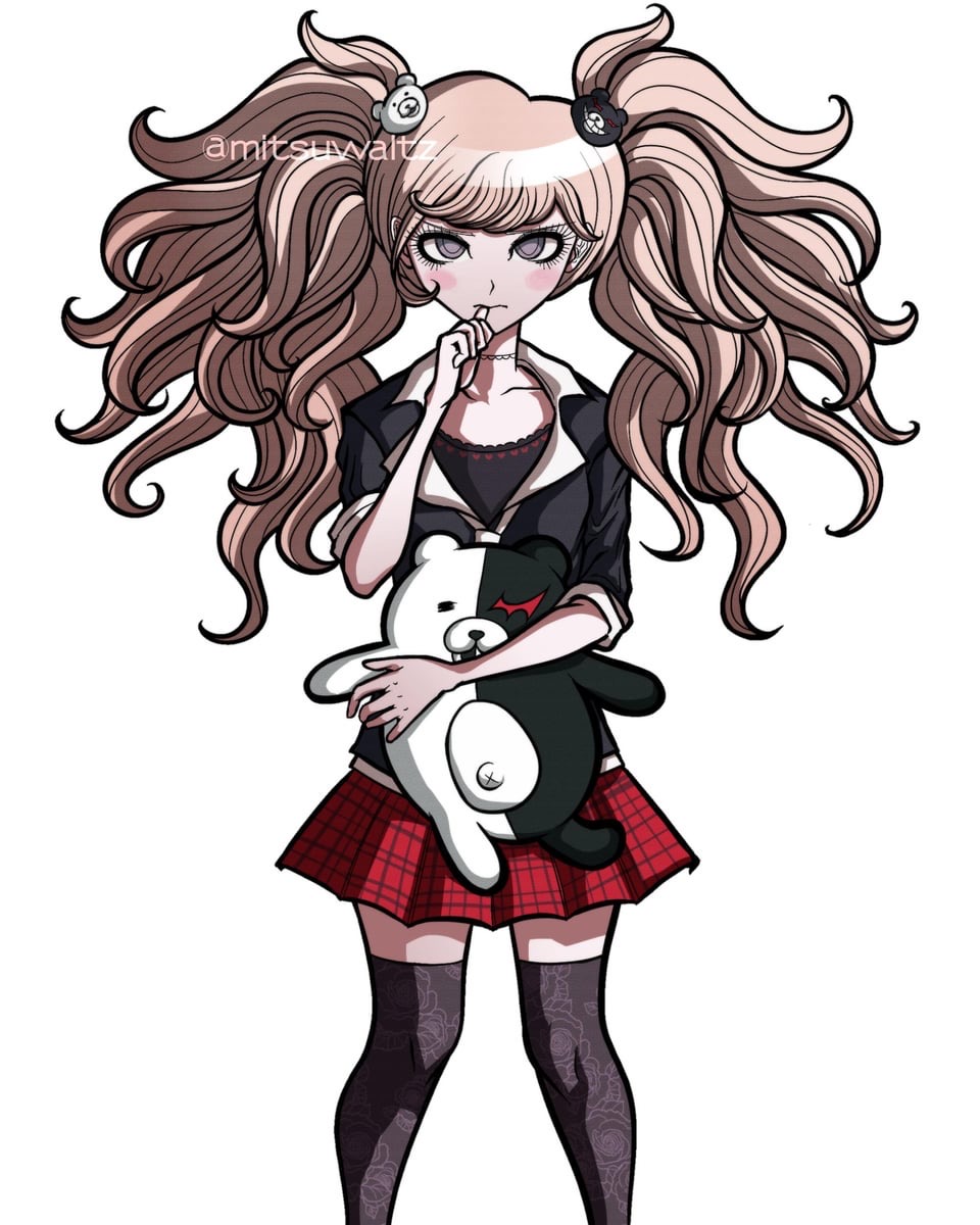 mitsuwaltz, enoshima junko, monokuma, second generation enoshima junko, 1girl, bear hair ornament, black shirt, black thighhighs, blonde hair, choker, collarbone, enoshima junko (cosplay), female focus, floral print, floral print thighhighs, grey eyes, hair ornament, hand up, long hair, looking at viewer, pleated skirt, red skirt, shirt, simple background, skirt, solo, solo focus, thighhighs, twintails, white background
