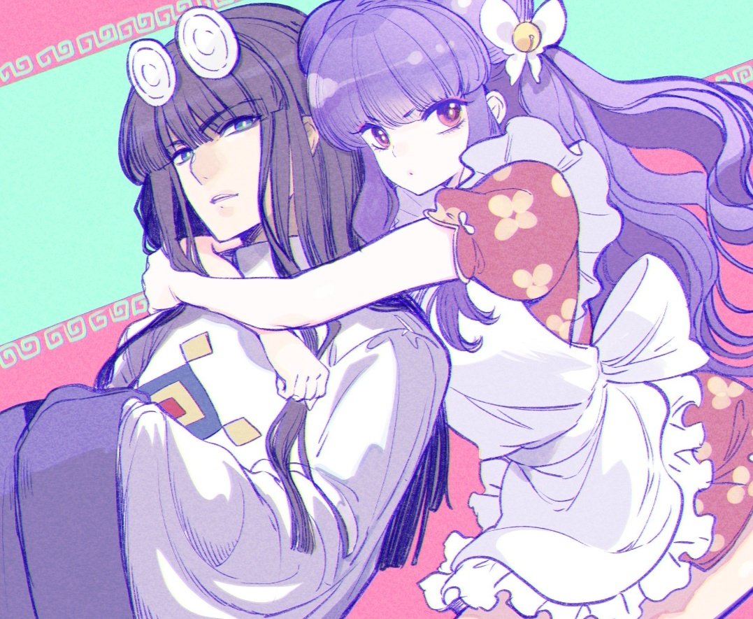 mousse (ranma 1/2), ranma 1/2, 1boy, 1girl, apron, black hair, chinese clothes, colorful background, double bun, hair bun, purple hair, shampoo bottle, sidelocks, white apron