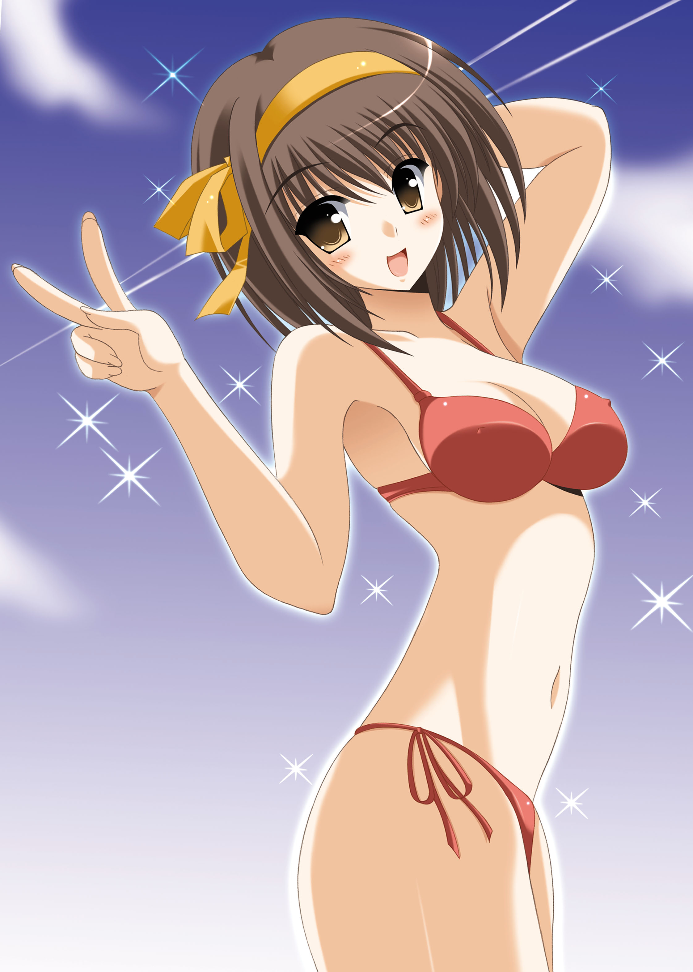 oda ken'ichi, suzumiya haruhi, suzumiya haruhi no yuuutsu, absurdres, highres, 00s, 1girl, bikini, breasts, brown eyes, brown hair, covered erect nipples, female focus, hairband, medium breasts, short hair, side-tie bikini bottom, solo, swimsuit, v