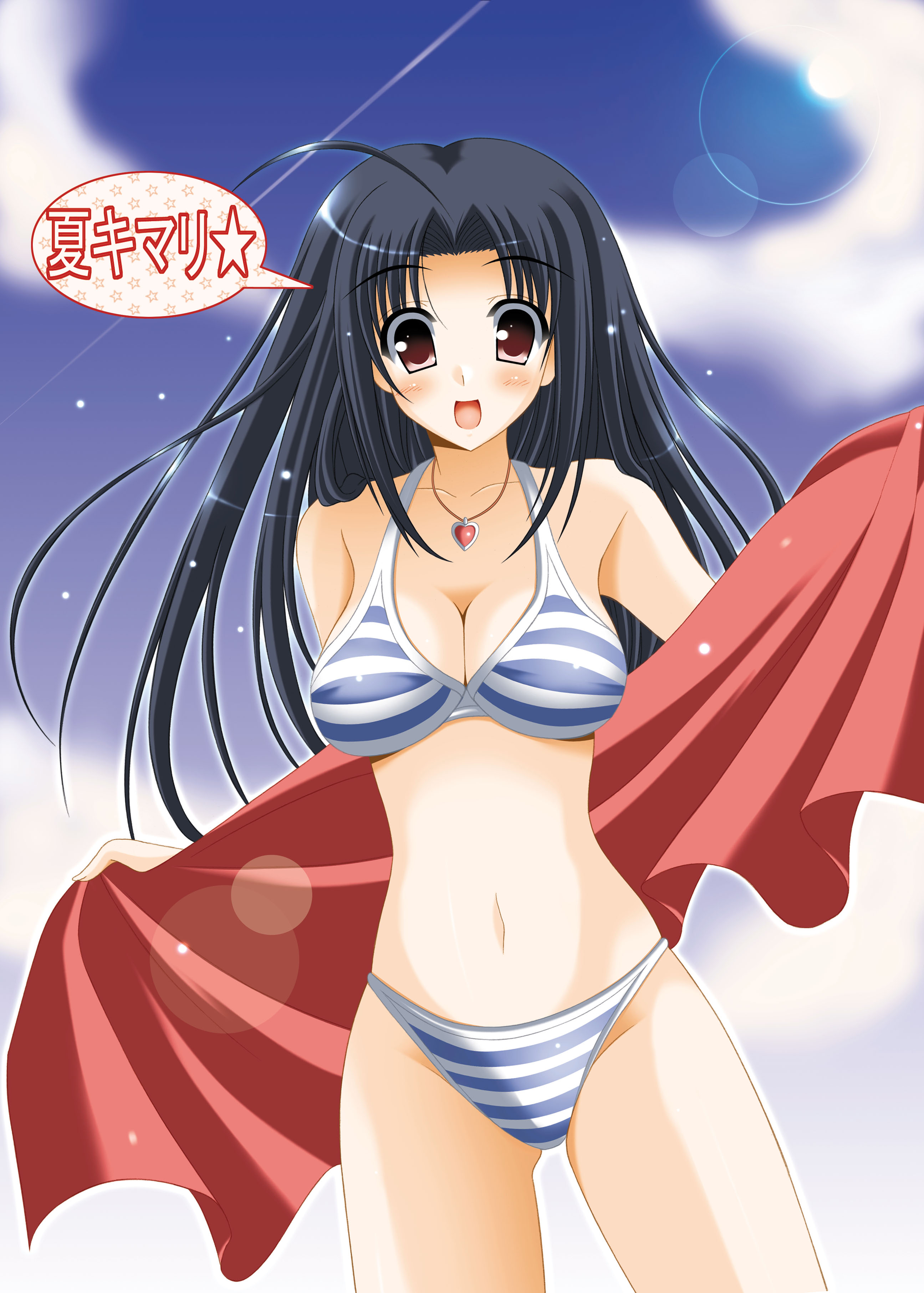 oda ken'ichi, miura azusa, idolmaster, idolmaster (classic), idolmaster 1, absurdres, highres, 00s, 1girl, ahoge, bikini, blush, breasts, cleavage, day, female focus, jewelry, large breasts, long hair, necklace, smile, solo, striped bikini, striped clothes, swimsuit