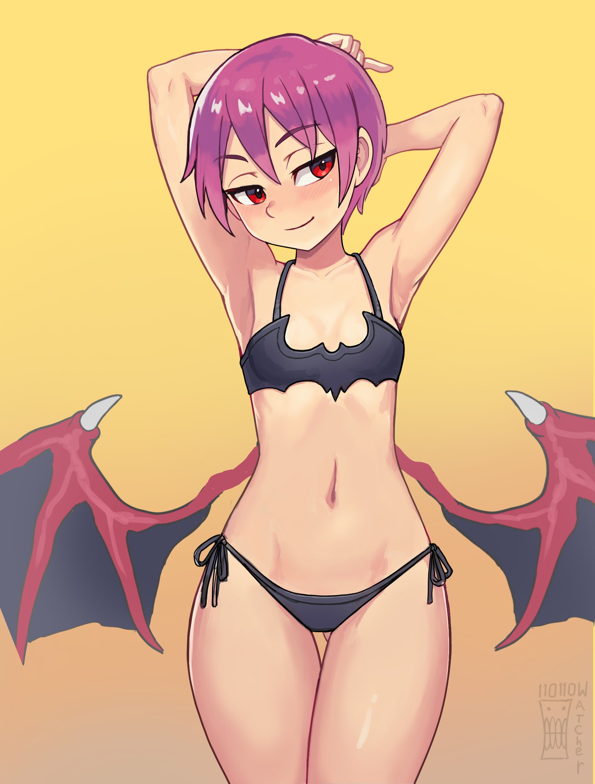watcher hollow, lilith (darkstalkers), darkstalkers, absurdres, commentary, english commentary, highres, 1girl, armpits, arms behind head, arms up, artist logo, artist name, bikini, black bikini, blush, breasts, cowboy shot, demon wings, gradient background, groin, logo, looking at viewer, navel, pink hair, red eyes, short hair, side-tie bikini bottom, simple background, small breasts, smile, solo, stomach, swimsuit, thigh gap, wings, yellow background