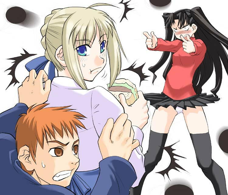artoria pendragon (fate), emiya shirou, saber (fate), tohsaka rin, fate/stay night, fate (series), black legwear, jpeg artifacts, 00s, 1boy, 2girls, black hair, blonde hair, blouse, blue eyes, double finger gun, eating, finger gun, food, long hair, multiple girls, panties, pantyshot, pointing, sandwich, shirt, skirt, thighhighs, underwear