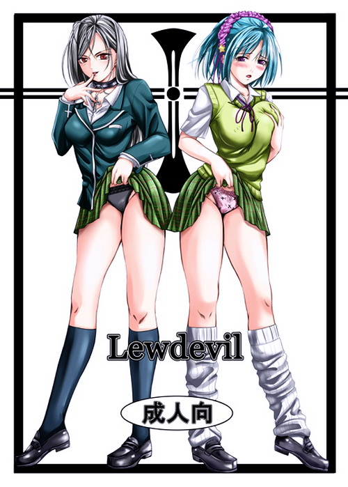 sakura kanawo, akashiya moka, inner moka, kurono kurumu, rosario+vampire, 00s, 2girls, black panties, blue hair, blush, breasts, clothes lift, collar, cross, grabbing another's breast, grabbing own breast, green shirt, grey hair, groping, long hair, multiple girls, open mouth, panties, pink panties, purple eyes, red eyes, shirt, short hair, skirt, skirt lift, tongue, underwear