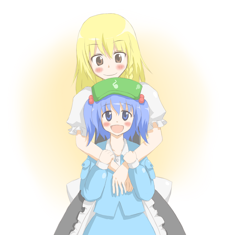 natsume (menthol), kawashiro nitori, kirisame marisa, touhou, bad id, bad pixiv id, blonde hair, blue eyes, blue hair, brown eyes, comic, female focus, hat, two side up