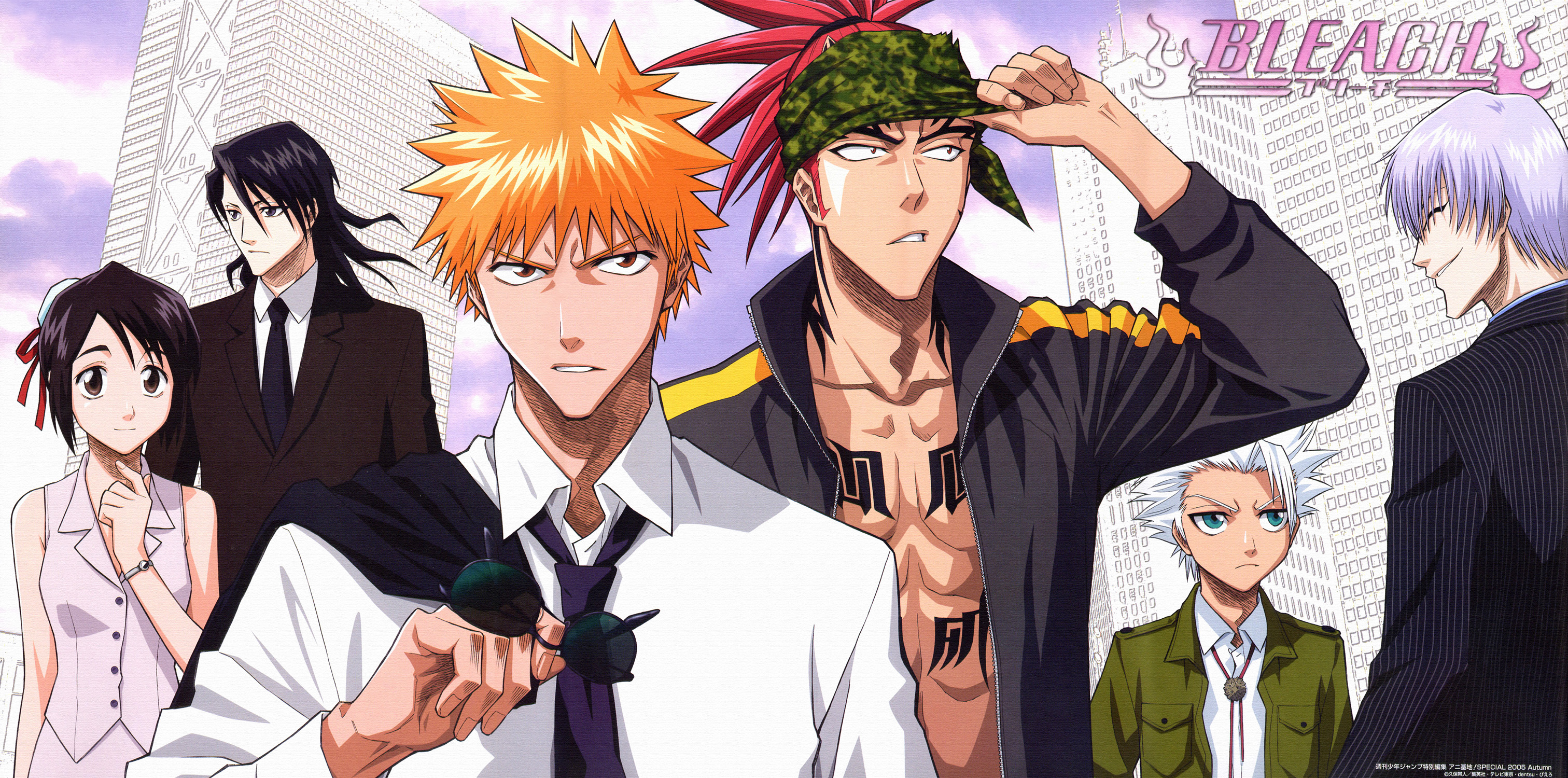abarai renji, hinamori momo, hitsugaya toushirou, ichimaru gin, kuchiki byakuya, kurosaki ichigo, bleach, silver hair, highres, long image, non-web source, official art, wide image, 00s, 1girl, 5boys, black hair, collared shirt, copyright name, everyone, formal clothes, hair ribbon, logo, long hair, multiple boys, necktie, orange hair, red hair, ribbon, shirt, short hair, suit, sunglasses