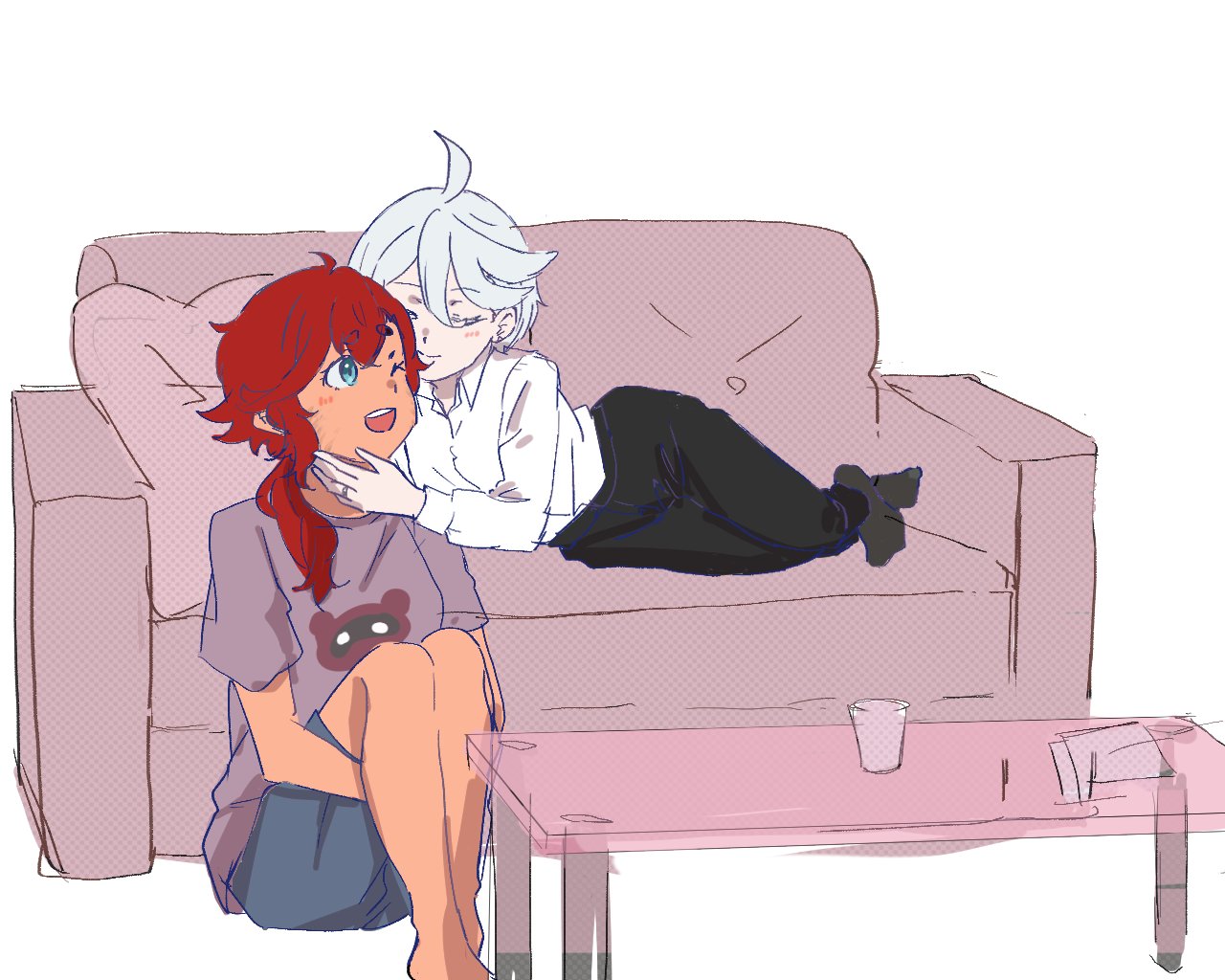 miorine rembran, suletta mercury, gundam, gundam suisei no majo, 2girls, ahoge, black pants, black socks, blue eyes, blue shorts, closed eyes, closed mouth, couch, cup, ini yoy, jewelry, long hair, multiple girls, on couch, one eye closed, open mouth, pants, purple shirt, red hair, ring, scar, scar on face, shirt, short hair, short sleeves, shorts, simple background, smile, socks, table, thick eyebrows, wedding ring, white background, white hair, white shirt, wife and wife, yuri