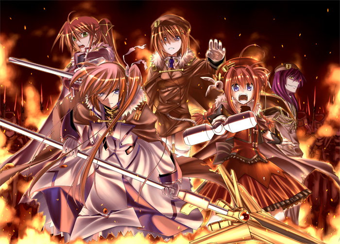 himura kiseki, fate testarossa, graf eisen, jail scaglietti, laevatein (nanoha), raising heart, raising heart (exceed mode), signum, takamachi nanoha, takamachi nanoha (exceed mode), vita (nanoha), yagami hayate, lyrical nanoha, mahou shoujo lyrical nanoha, mahou shoujo lyrical nanoha strikers, 00s, 1boy, 4girls, ahoge, army, beret, blazer, braid, brown hair, cape, capelet, coat, fire, fur trim, gauntlets, gloves, green eyes, hair ornament, hammer, hat, jacket, long hair, looking at viewer, magazine (weapon), magical girl, mallet, military, military uniform, multiple girls, open clothes, open jacket, outstretched hand, overcoat, purple hair, red hair, serious, short hair, shouting, side ponytail, skirt, skirt set, smirk, staff, sword, twin braids, very long hair, weapon, whip sword, x hair ornament