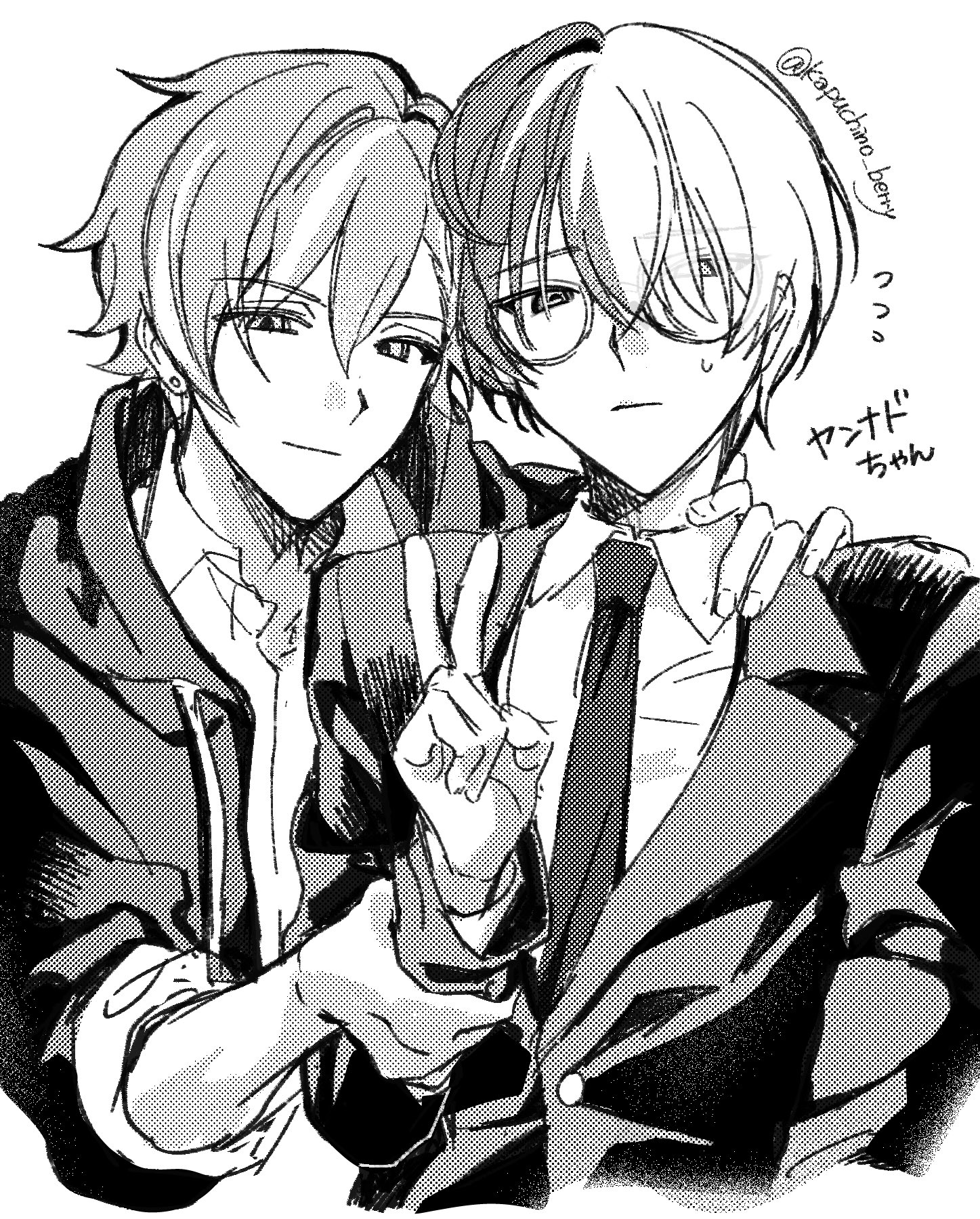 aoyagi touya, shinonome akito, project sekai, commentary request, highres, translation request, 2boys, bespectacled, close game/offline (project sekai), closed mouth, drawstring, earrings, fingerless gloves, glasses, gloves, greyscale, hair over one eye, hand up, holding another's wrist, jacket, jewelry, kapuchi~no, lapels, long sleeves, looking at viewer, male focus, monochrome, multicolored hair, multiple boys, necktie, nervous sweating, notched lapels, official alternate hairstyle, short hair, stray bad dog (project sekai), streaked hair, sweat, twitter username, upper body, v
