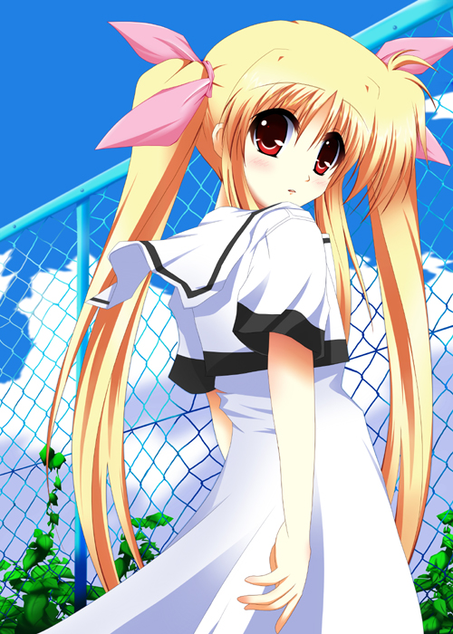harano, fate testarossa, lyrical nanoha, mahou shoujo lyrical nanoha, 00s, 1girl, blonde hair, chain-link fence, cloud, day, female focus, fence, red eyes, sky, solo