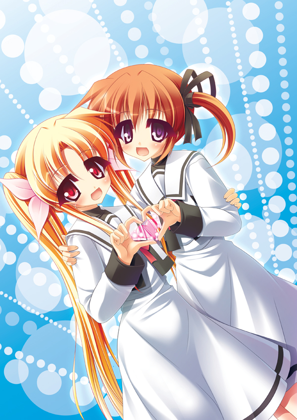 exe (artist), teruui, fate testarossa, takamachi nanoha, lyrical nanoha, mahou shoujo lyrical nanoha, 00s, 2girls, blonde hair, blue eyes, brown hair, dress, four-finger heart hands, heart, heart hands, heart hands duo, heart in heart hands, long hair, long sleeves, looking at viewer, multiple girls, red eyes, school uniform, twintails, very long hair, white dress