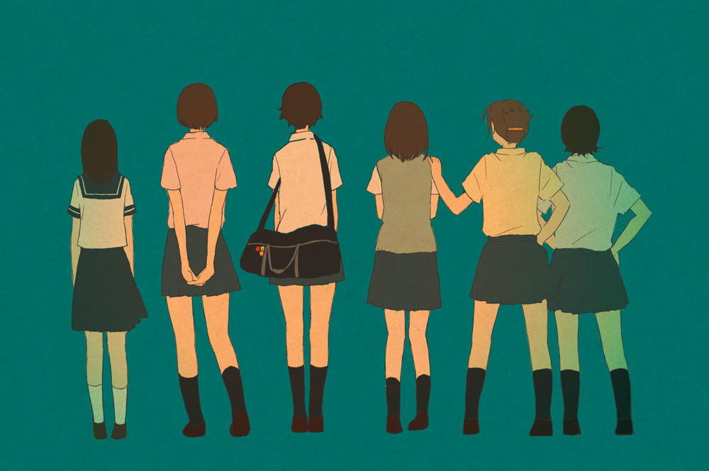 wakana (nagomoo), fujitani kaho, hayakawa yuri, konno makoto, konno miyuki, toki wo kakeru shoujo, bad id, bad pixiv id, 00s, 6+girls, back, bag, black hair, brown hair, folded ponytail, kneehighs, long hair, multiple girls, school uniform, serafuku, short hair, socks
