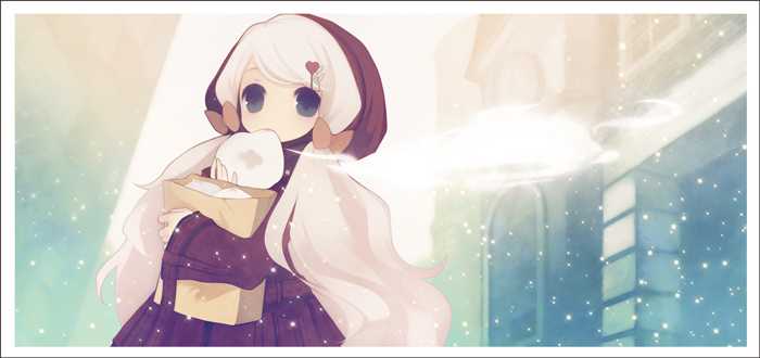 puti devil, original, 1girl, eating, female focus, food, hood, long hair, ribbon, snow, snowing, solo, steamed bun, twintails, white hair