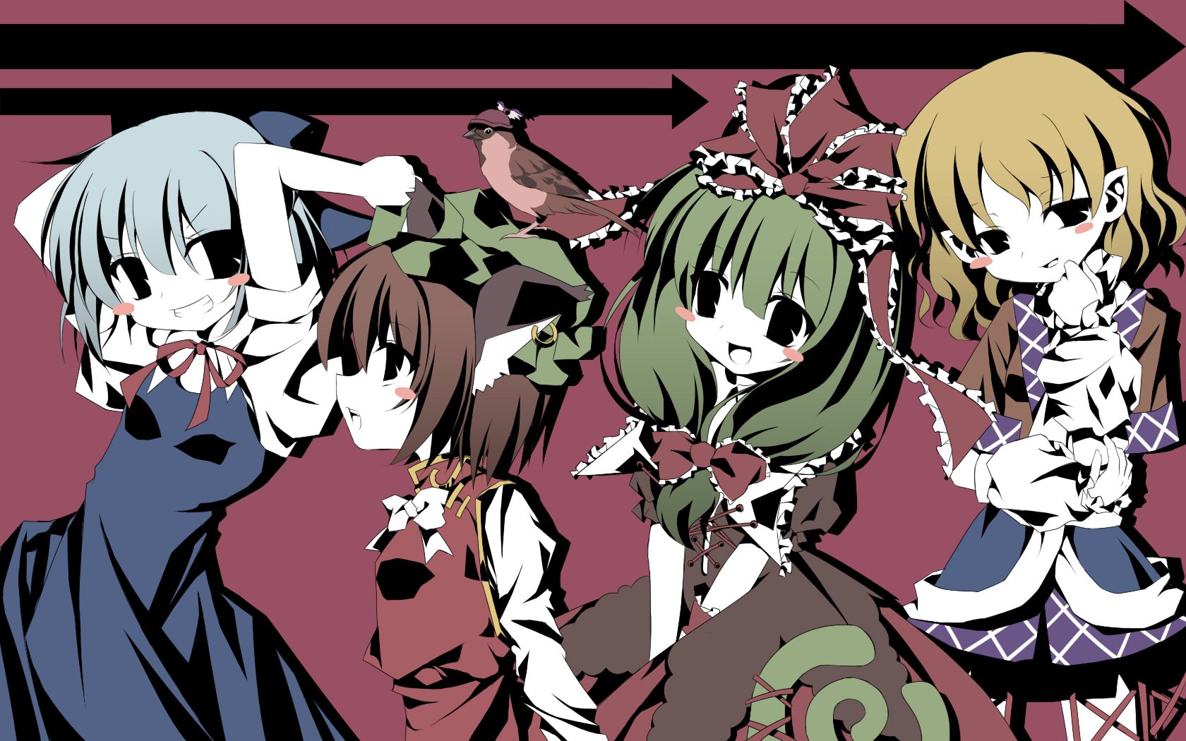 anju (meipurusanchi), anju (pixiv), chen, cirno, kagiyama hina, mizuhashi parsee, mystia lorelei, mystia lorelei (bird), touhou, bad id, bad pixiv id, highres, 4girls, animal, animal on head, bird, bird on head, blonde hair, blue hair, blush, blush stickers, brown hair, china dress, chinese clothes, dress, female focus, front ponytail, green hair, long hair, multiple girls, on head, ribbon, short hair, wings