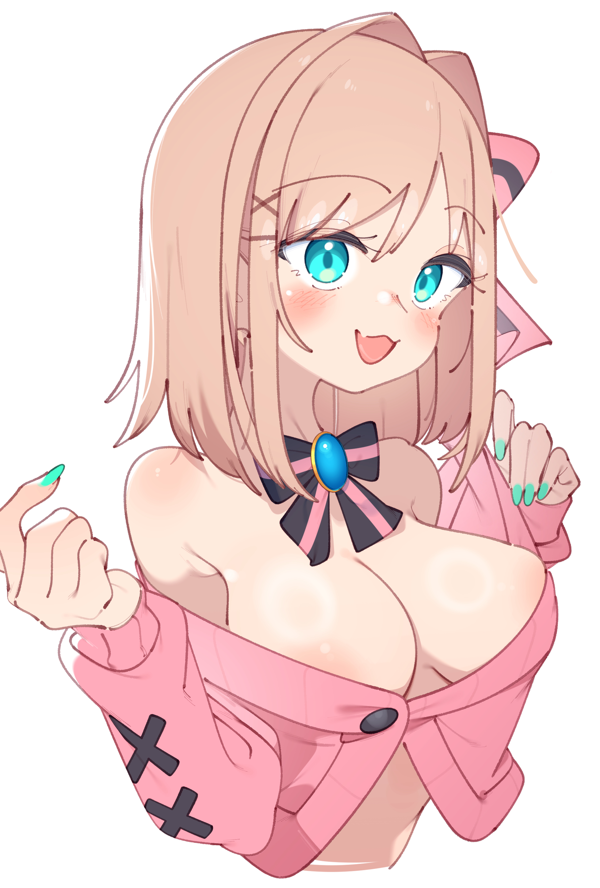 rasusurasu, suzuhara lulu, suzuhara lulu (1st costume), nijisanji, absurdres, highres, 1girl, aqua eyes, aqua nails, bare shoulders, black bow, black bowtie, blue gemstone, blush, bow, bowtie, breasts, brown hair, cardigan, fang, fingernails, gem, hair bow, hair intakes, hair ornament, hairclip, large breasts, long sleeves, medium hair, nail polish, naked cardigan, off-shoulder cardigan, open mouth, pink bow, pink bowtie, pink cardigan, simple background, skin fang, smile, solo, striped bow, striped bowtie, striped clothes, tongue, virtual youtuber, white background