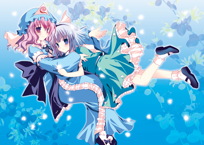 shirogane hina, konpaku youmu, saigyouji yuyuko, touhou, silver hair, 2girls, blue background, blue eyes, blue hat, dress, female focus, flower, footwear bow, full body, gradient background, hat, japanese clothes, kimono, multiple girls, pink hair, plant, red eyes, ribbon, short hair, skirt, socks