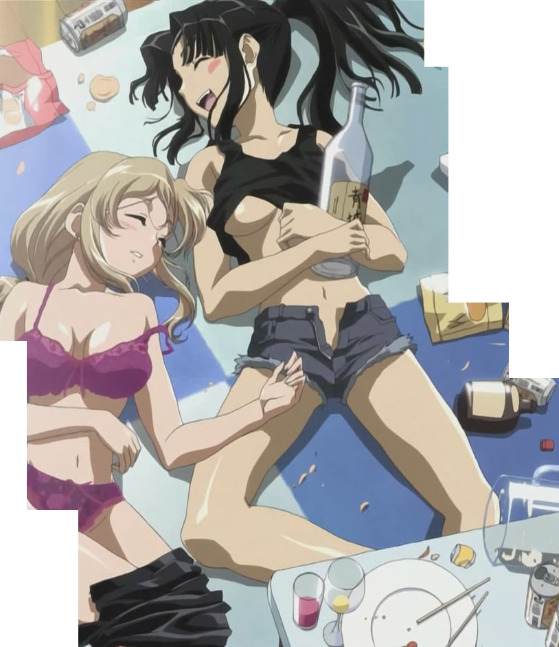 ayase ruko, kamishiro yukari, kamishiro yukari (nogizaka), kamishiro yukari (nogizaka haruka), nogizaka haruka no himitsu, anime screenshot, stitched, third-party edit, 2girls, alcohol, bra, breasts, closed eyes, cosplay, glasses, lingerie, multiple girls, panties, sleeping, unconscious, underboob, underwear, underwear only
