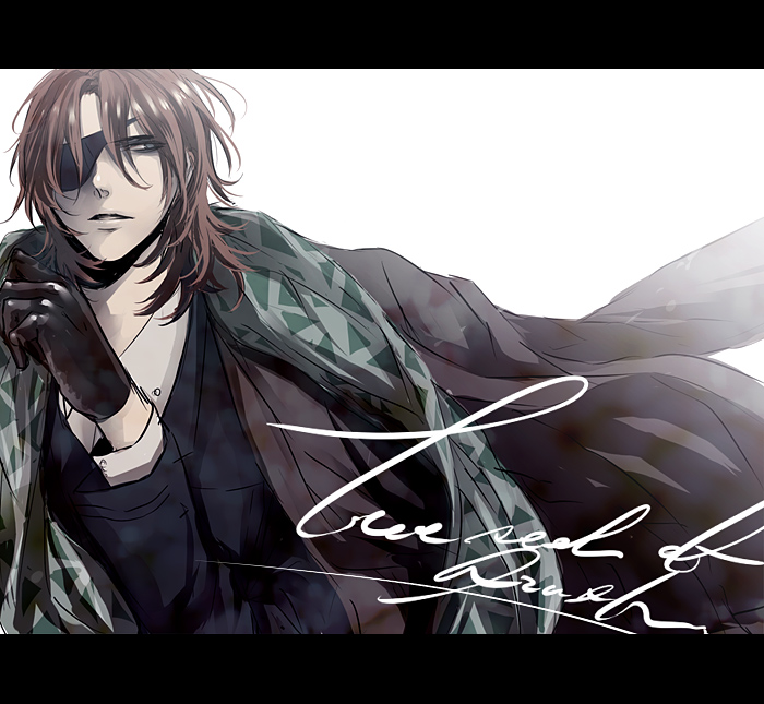 masso, lockon stratos, gundam, gundam 00, bad id, 00s, 1boy, brown hair, eyepatch, formal clothes, gloves, letterboxed, male focus, solo, suit