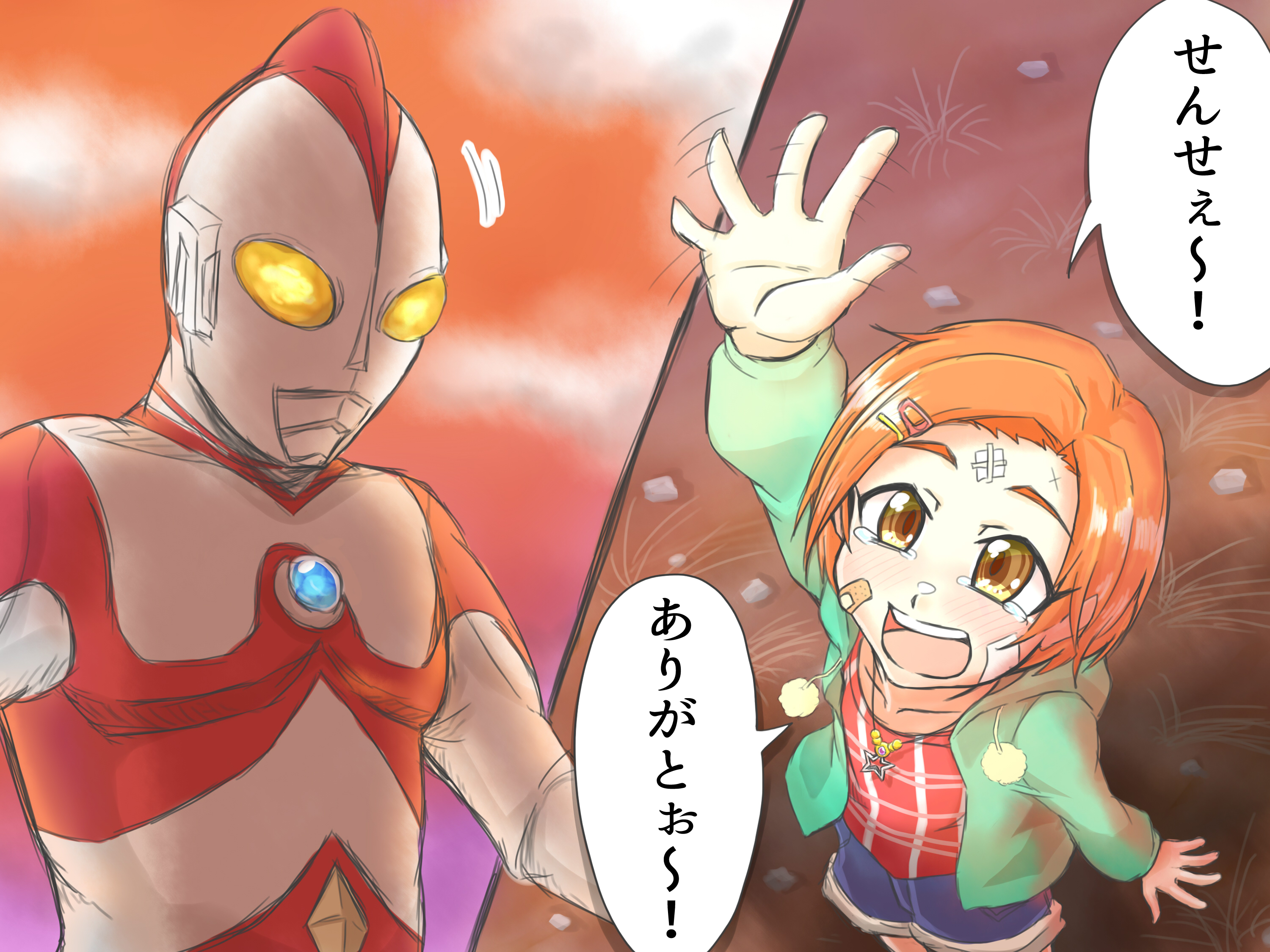 mafuyu tora, ryuzaki kaoru, ultraman 80, idolmaster, idolmaster cinderella girls, ultra series, ultraman 80 (series), commentary, highres, translated, 1boy, 1girl, :d, alien, arm up, bandage on face, bandaged head, bandages, bandaid, bandaid on cheek, bandaid on face, blue shorts, blush, cloud, cloudy sky, collarbone, color timer, colored skin, compound eyes, crossover, denim, denim shorts, diamond-shaped buckle, diamond (shape), dorsal fin, from below, giant, giant male, glowing, glowing eyes, gradient sky, green jacket, hair ornament, hairclip, happy, happy tears, hood, hooded jacket, jacket, jewelry, long sleeves, looking down, looking up, motion lines, multicolored skin, necklace, open clothes, open hand, open jacket, open mouth, orange hair, orange sky, pectorals, plaid clothes, plaid shirt, red shirt, red skin, shirt, short hair, shorts, silver skin, sky, smile, speech bubble, spread fingers, star (symbol), star necklace, sunset, tears, teeth, tokusatsu, toned, toned male, two-tone skin, upper body, upper teeth only, waving, yellow eyes