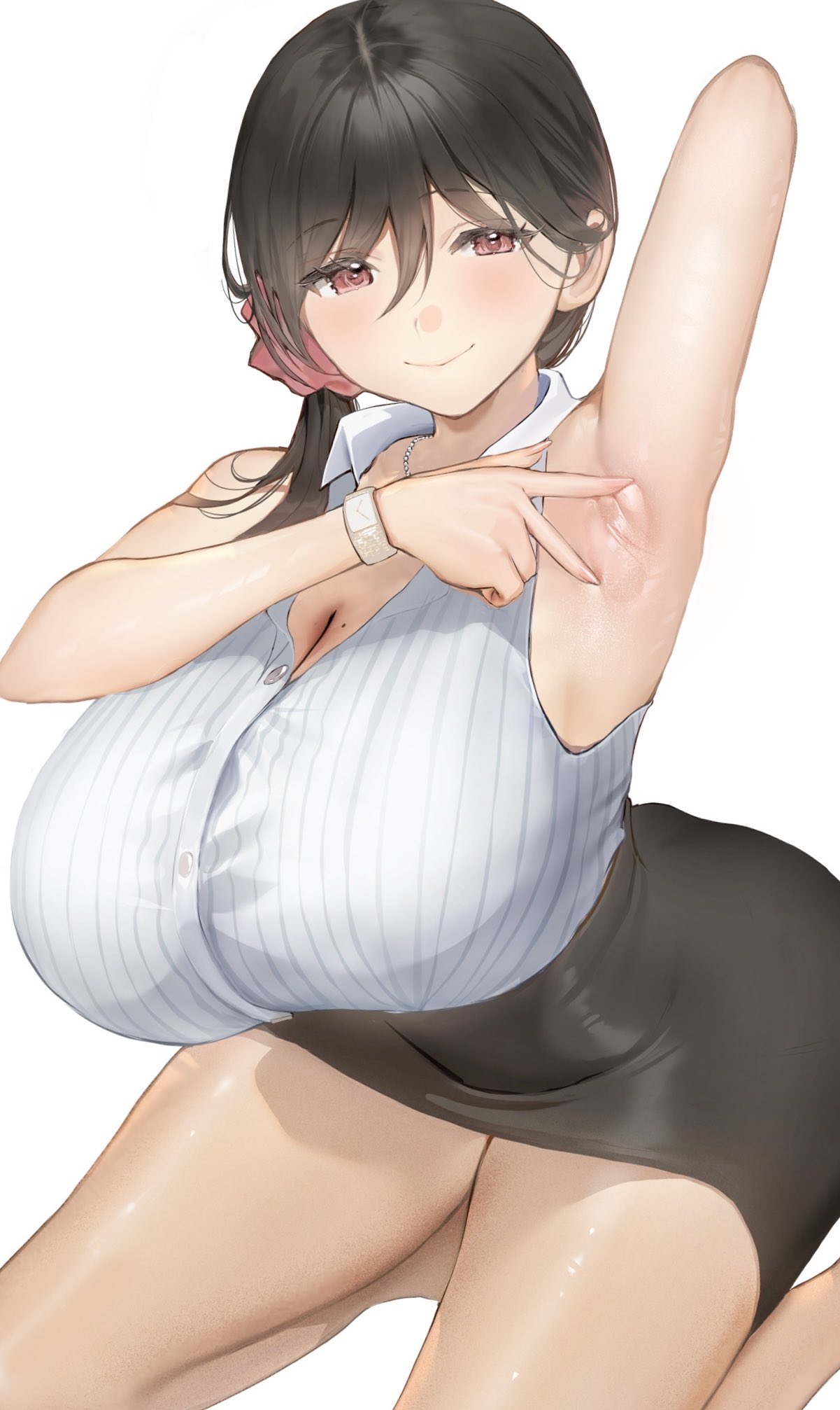 inushima, original, highres, 1girl, arm up, armpits, bare arms, black hair, black skirt, blush, breasts, cleavage, hair between eyes, hair ornament, hair scrunchie, huge breasts, jewelry, kneeling, looking at viewer, mole, mole on breast, necklace, office lady, presenting armpit, red eyes, scrunchie, shirt, side ponytail, simple background, skirt, sleeveless, sleeveless shirt, smile, solo, watch, white background, white shirt, wristwatch