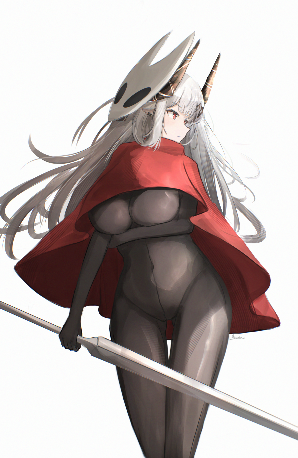 vincentime, hornet (hollow knight), mudrock (arknights), arknights, hollow knight, hollow knight: silksong, highres, 1girl, arm under breasts, black bodysuit, black horns, bodysuit, breasts, cloak, closed mouth, cosplay, covered navel, cowboy shot, ear piercing, grey hair, holding, holding weapon, hornet (hollow knight) (cosplay), horns, large breasts, long hair, looking to the side, mask, mask on head, piercing, pointy ears, profile, red cloak, red eyes, simple background, solo, standing, thigh gap, weapon, white background