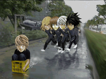 l (death note), matt (death note), mello (death note), near (death note), yagami light, death note, animated, animated gif, looping animation, lowres, 00s, 5boys, catch that man, meme, multiple boys, what