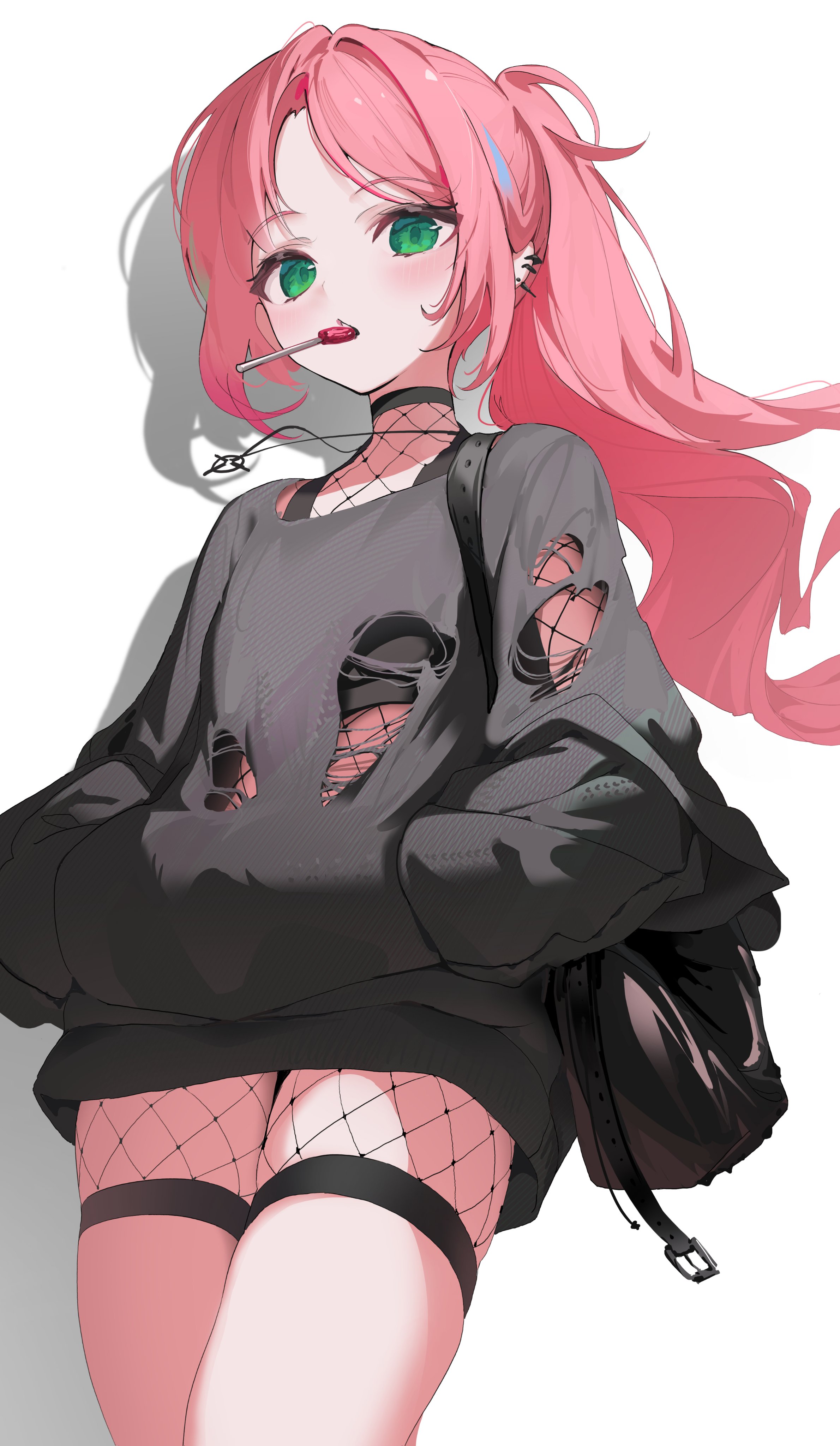 thumbsup stella, hanako nana, stellive, absurdres, commentary, highres, symbol-only commentary, 1girl, aqua streaks, backpack, bag, black bag, black sports bra, black sweater, blush, cowboy shot, earclip, fishnets, forehead, green eyes, hands in pockets, lollipop in mouth, long hair, long sleeves, looking at viewer, multicolored hair, no pants, parted bangs, pink hair, ponytail, shadow, simple background, solo, sports bra, standing, streaked hair, sweater, torn clothes, torn sweater, virtual youtuber, white background