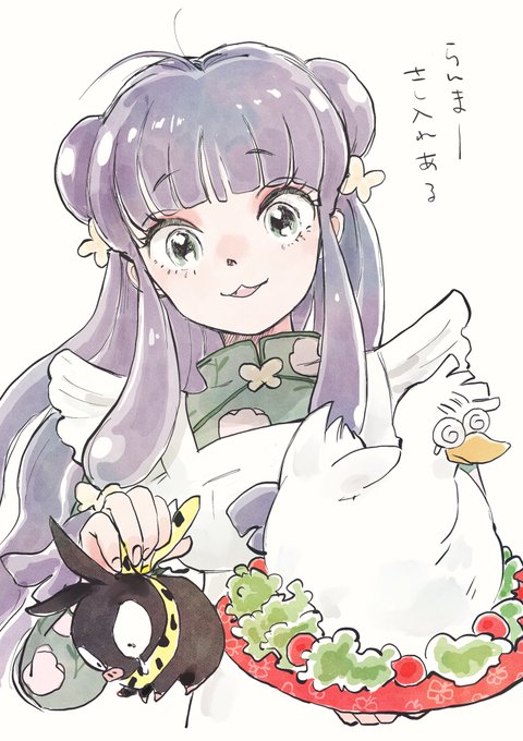 mousse (duck) (ranma 1/2), p-chan, shampoo (ranma 1/2), ranma 1/2, 1girl, apron, chinese clothes, double bun, hair bun, long hair, purple hair, sidelocks, simple background, white apron, white background