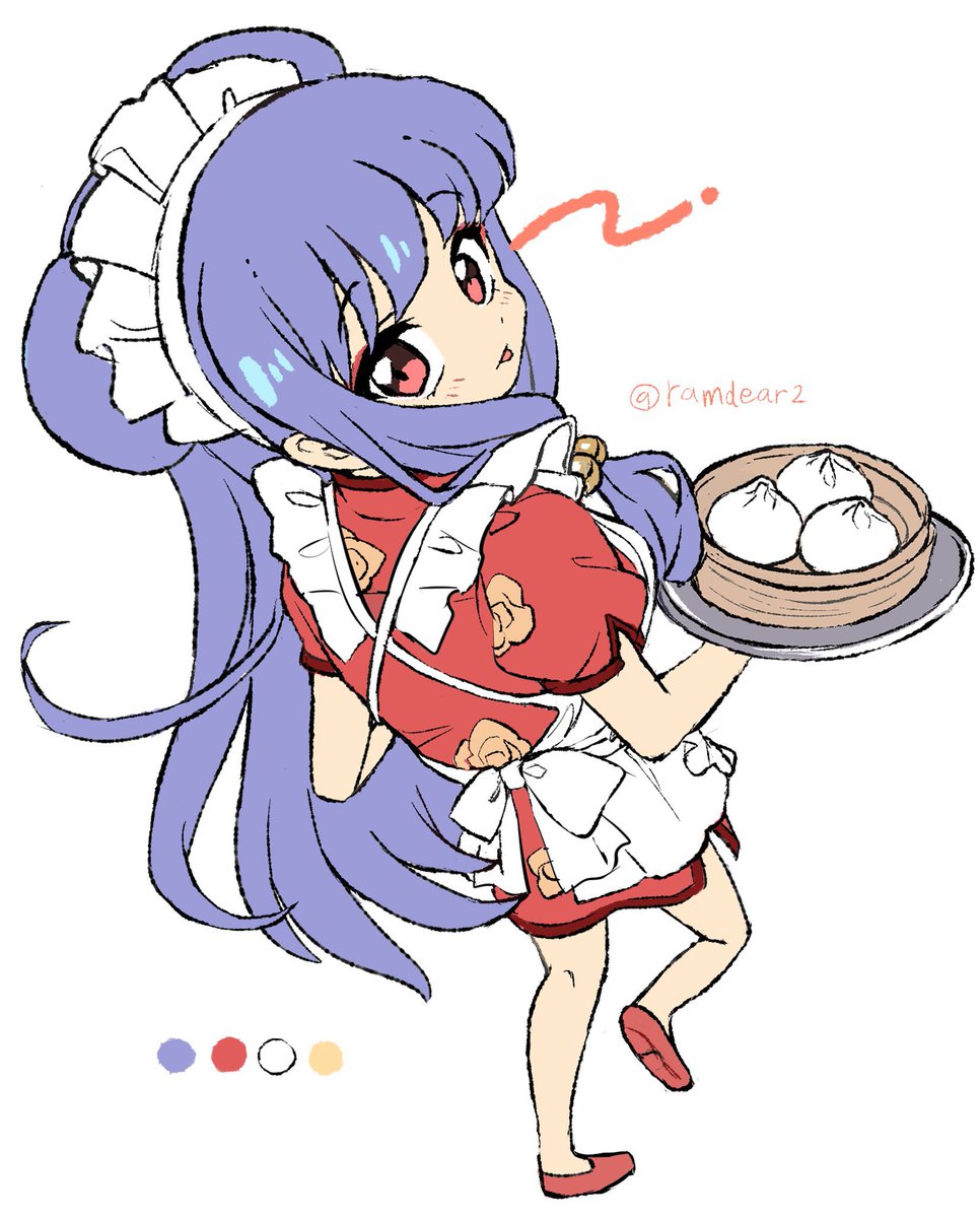 shampoo (ranma 1/2), ranma 1/2, 1girl, apron, chinese clothes, double bun, hair bun, long hair, purple hair, sidelocks, simple background, white apron, white background