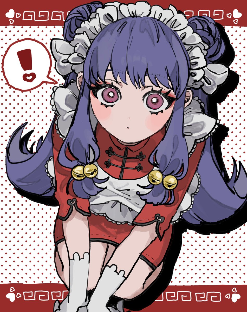 shampoo (ranma 1/2), ranma 1/2, 1girl, apron, chinese clothes, double bun, hair bun, long hair, looking at viewer, purple hair, sidelocks, white apron