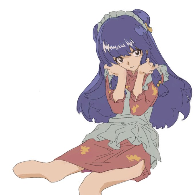shampoo (ranma 1/2), ranma 1/2, 1girl, apron, chinese clothes, double bun, hair bun, long hair, purple hair, sidelocks, simple background, white apron, white background