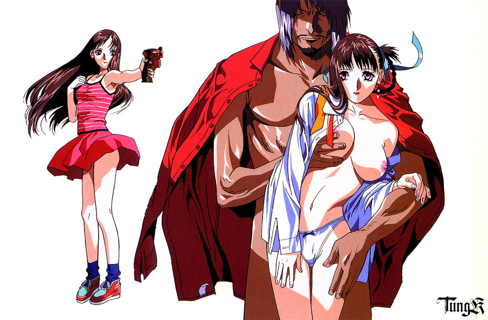 umetsu yasuomi, akai (kite), sawa (kite), a kite, artbook, official art, scan, 1990s (style), 1boy, 1girl, age difference, at gunpoint, breasts, brown hair, closed eyes, clothed female nude male, grabbing another's breast, grabbing from behind, groping, gun, gun to head, hetero, holding, holding gun, holding weapon, large breasts, legs, lips, long hair, medium breasts, navel, nipples, nude, older male and younger female, retro artstyle, size difference, weapon