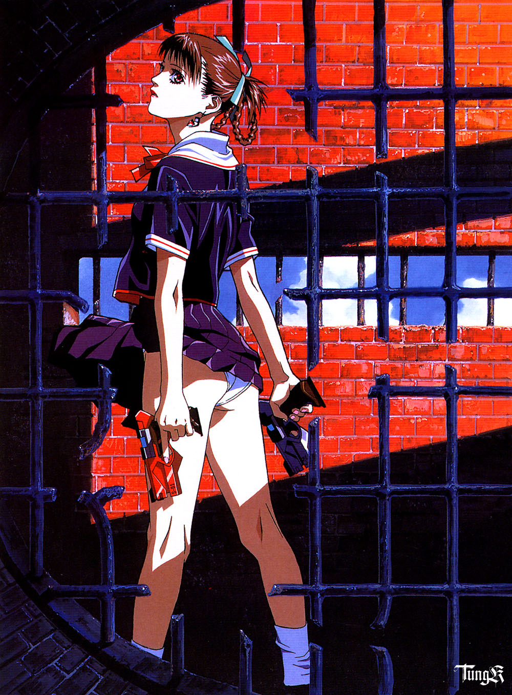 umetsu yasuomi, sawa (kite), a kite, artbook, highres, official art, scan, 1990s (style), 1girl, ass, braid, braided hair rings, brown hair, dual wielding, earrings, female focus, gun, hair rings, hands on own hips, holding, jewelry, legs, looking at viewer, panties, red eyes, retro artstyle, school uniform, socks, solo, thighs, twin braids, underwear, upskirt, weapon, white panties, white socks