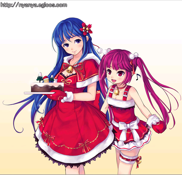 arin (pangya), kooh (pangya), papel (pangya), pangya, official art, 2girls, bell, blue eyes, blue hair, cake, chocolate, christmas, dress, flower, food, gloves, gradient background, happy, long hair, multiple girls, musical note, pastry, quaver, red eyes, red gloves, red hair, ribbon, simple background, smile, twintails