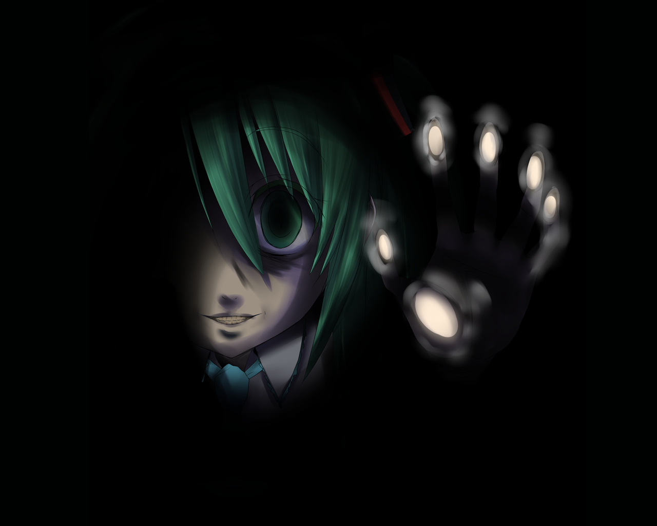 hatsune miku, vocaloid, creepy, dark, green eyes, green hair, horror (theme), smile, solo, yandere