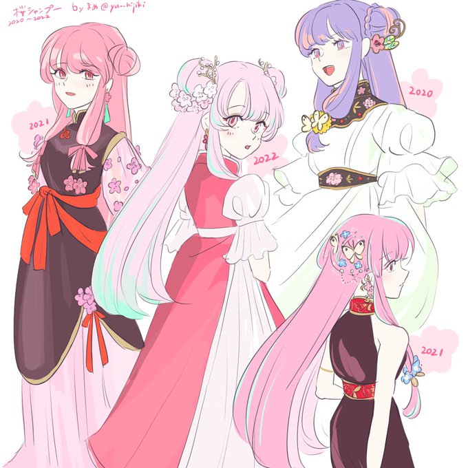 shampoo (ranma 1/2), ranma 1/2, 1girl, apron, cherry blossoms, chinese clothes, double bun, hair bun, long hair, pink hair, purple hair, sidelocks, simple background, white apron, white background