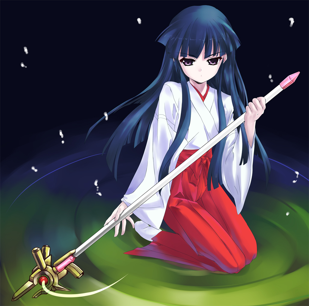 nimu, furude rika, raising heart, raising heart (buster mode), tamura yukari, higurashi no naku koro ni, lyrical nanoha, mahou shoujo lyrical nanoha, 1girl, blue hair, borrowed weapon, crossover, female focus, hakama, hakama skirt, hime cut, japanese clothes, kneeling, long hair, miko, parody, purple eyes, red hakama, ripples, seiza, sitting, skirt, solo, voice actor connection