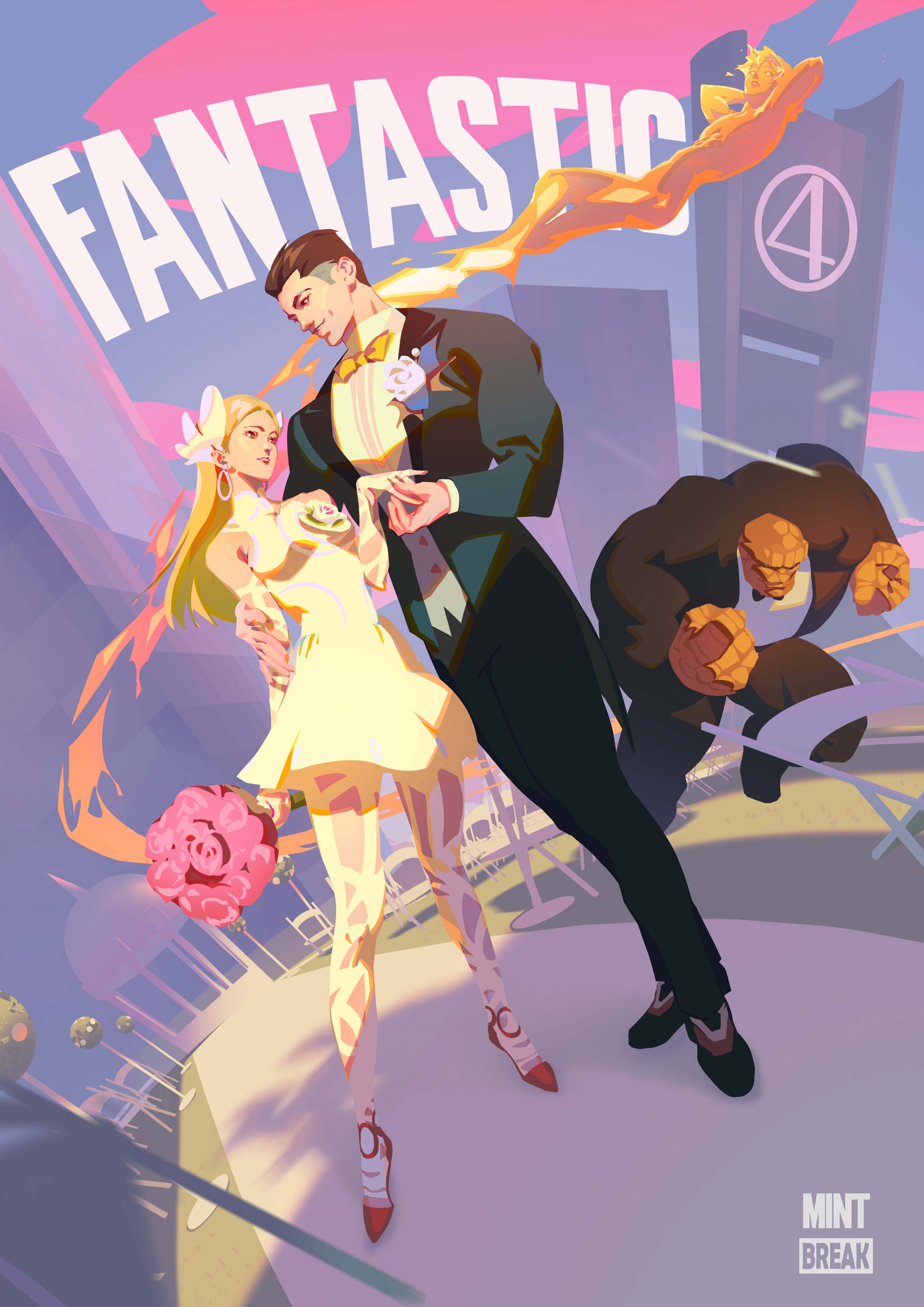 mintbreak, ben grimm, johnny storm, reed richards, sue storm, sue storm (the life fantastic), fantastic four, marvel, marvel rivals, absurdres, highres, 1girl, blonde hair, blue eyes, breasts, closed mouth, dress, fire, formal clothes, husband and wife, long hair, reed richards (the life fantastic), suit