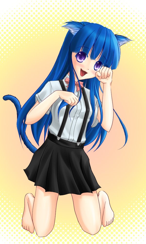 chibimame, furude rika, higurashi no naku koro ni, 00s, 1girl, animal ears, barefoot, blue hair, bow, cat ears, cat tail, female focus, kneeling, long hair, paw pose, purple eyes, school uniform, serafuku, shirt, skirt, solo, suspender skirt, suspenders, tail, white shirt