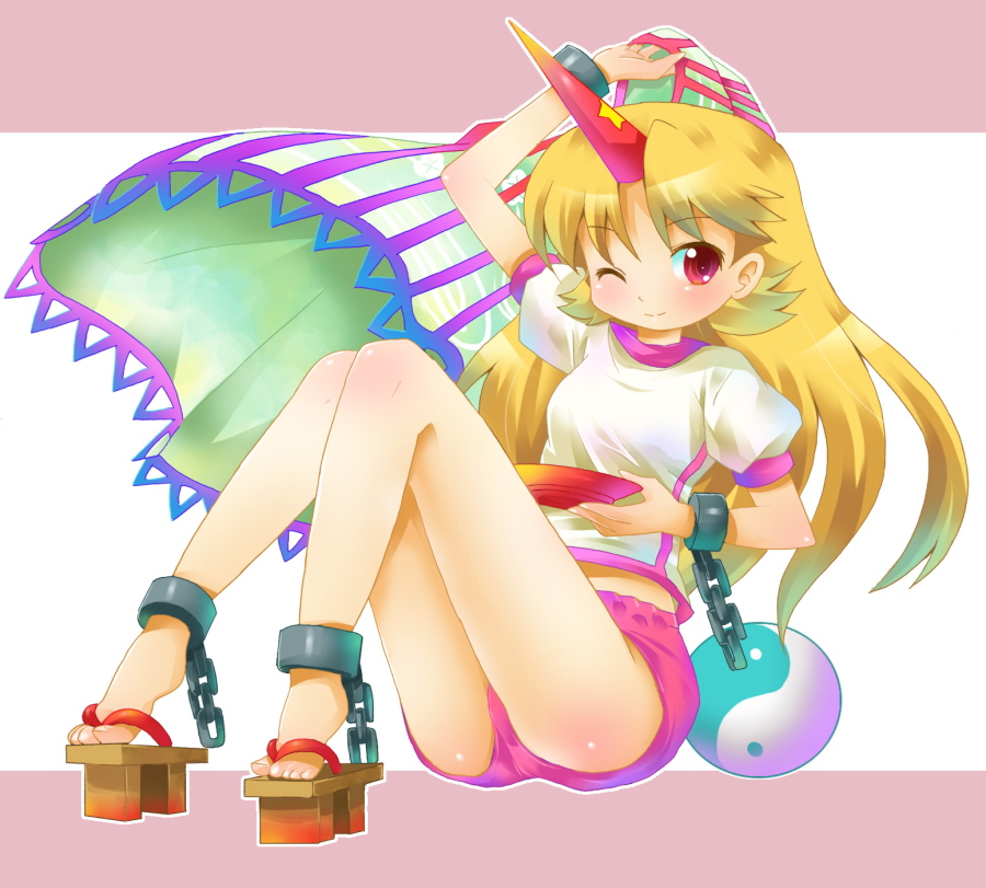 michii yuuki, hoshiguma yuugi, touhou, bad id, bad pixiv id, 1girl, ankle cuffs, blonde hair, chain, female focus, horns, long hair, panties, single horn, solo, underwear