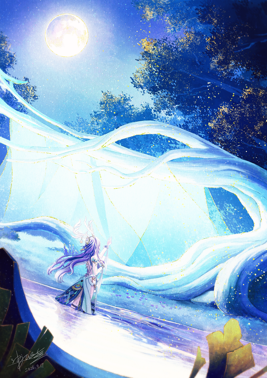 kaminaga mutsumi, lauma (genshin impact), genshin impact, commentary request, highres, photoshop (medium), 1girl, antler ornament, antlers, arm up, bare shoulders, blue hair, dated, deer antlers, dress, from behind, full moon, hand up, horns, long hair, moon, night, night sky, outdoors, reflection, ripples, signature, sky, sleeveless, sleeveless dress, solo, very long hair, wading